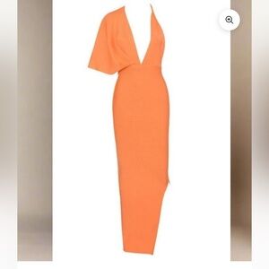 Soup and Sepia Orange Halter Dress One Sleeve V-Neck ankle length dress